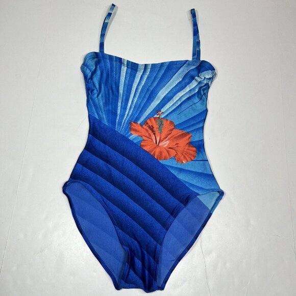 GOTTEX 1 Piece Bandeau Style Swimsuit Striped Blue With Hibiscus Flower Size 10 - Picture 1 of 9